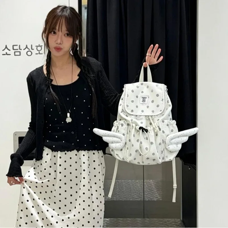 sac à dos pour étudiants à cordon de serrage avec motif ailes d'ange et pois, sac d'école coréen mignon et élégant en nylon, sac de voyage léger et spacieux
