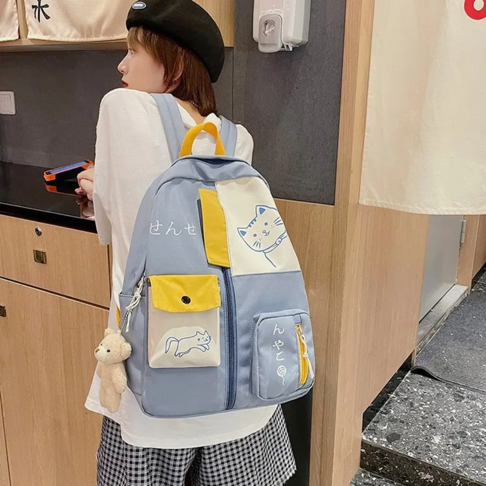 sac à dos chat de dessin animé mignon pour femme, sac à dos de voyage en nylon imperméable, cartable de grande capacité pour étudiants
