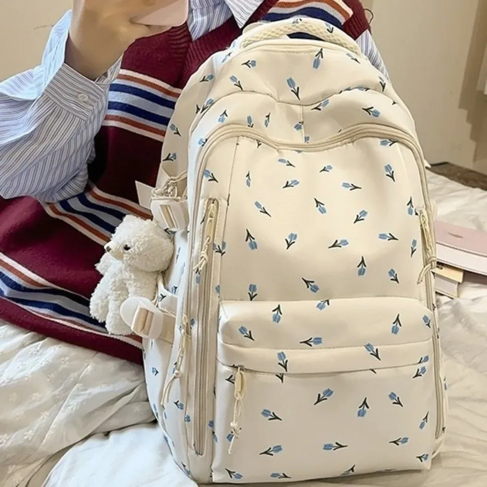 sac à dos à imprimé floral de grande capacité, multi-poches, motif de nœud épaissi, sac d'école léger, sac à dos multi-compartiments, voyage