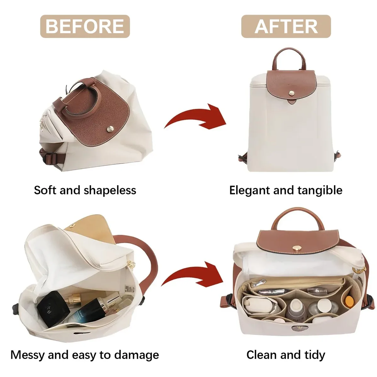 Insert organisateur de sac à main Y2k pour sacs à main, séparateurs d'insertion de sac en feutre avec multi-poches, sac à dos adapté au Long Champ Le P.liage