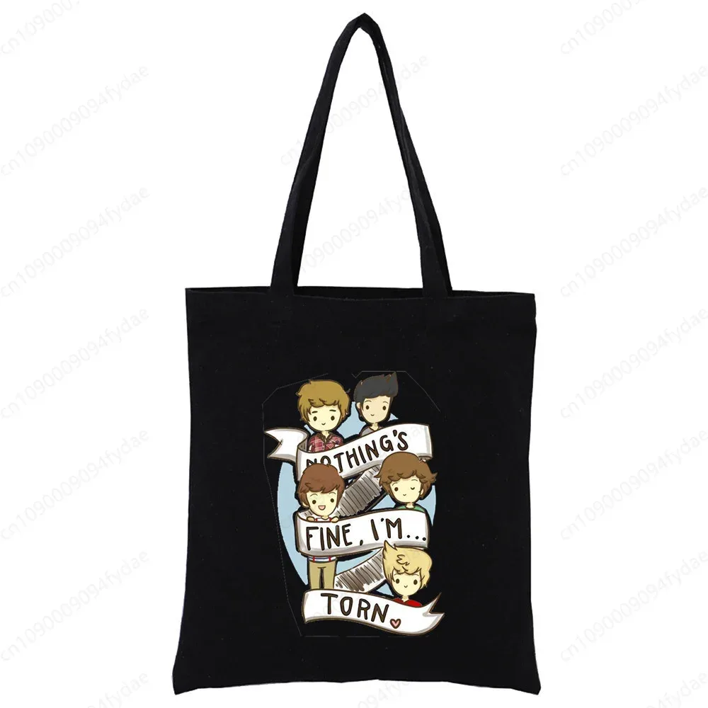 sac à bandoulière en toile pour femmes, sac à main personnalisé one direction, fourre-tout décontracté, réutilisable, grande capacité, sac de shopping noir