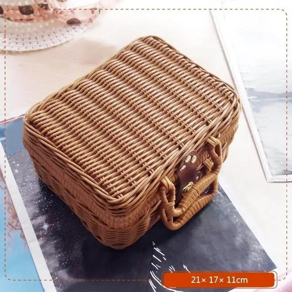 1 pc paniers de rattan panier de stockage de pique-nique valise en acier avec boîte-cadeau à la main boîte de stockage cosmétique tissée organisation de stockage