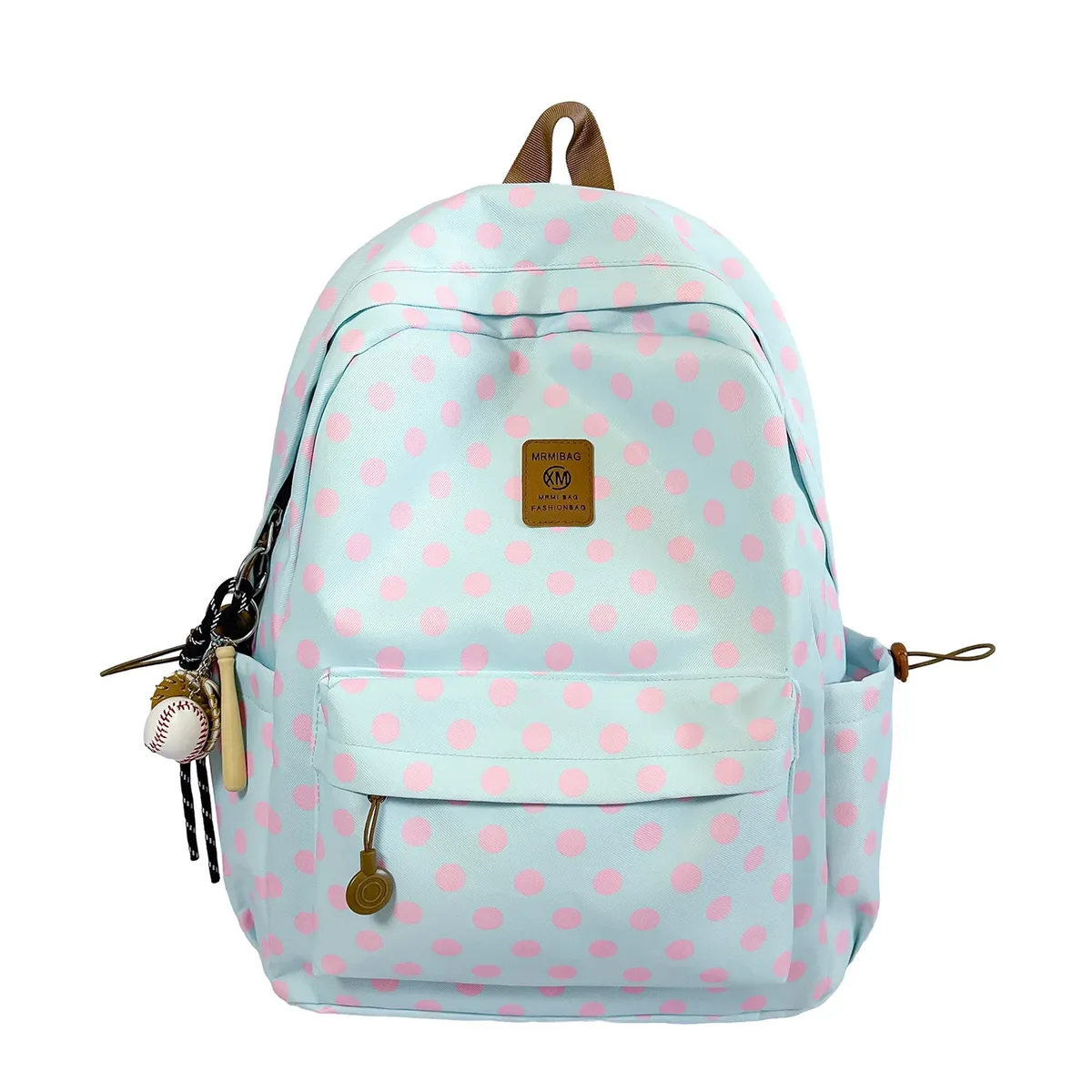 sac à dos décontracté vert menthe à pois pour femme avec poignée supérieure marron et poche zippée, grande capacité, idéal pour l'école et les voyages