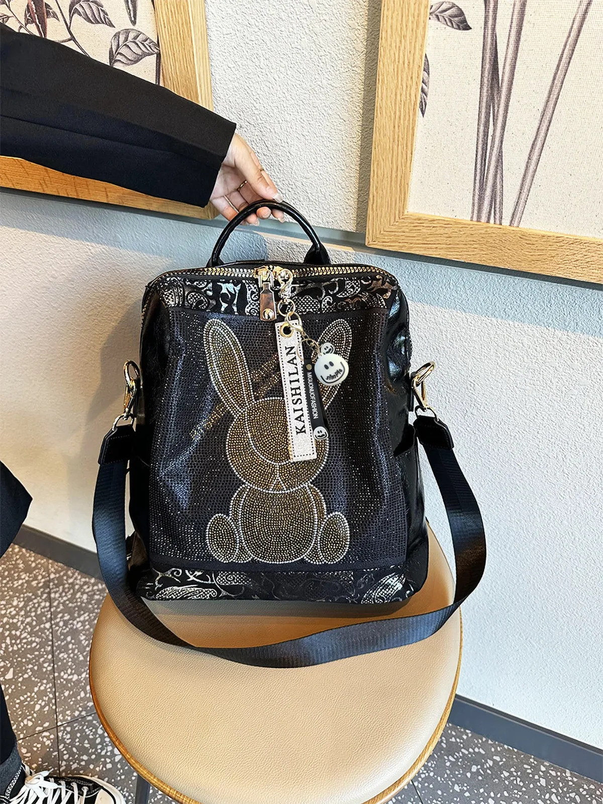 sac à dos tendance et à la mode, grande capacité, polyvalent, pour les déplacements, lapin clouté, diamant