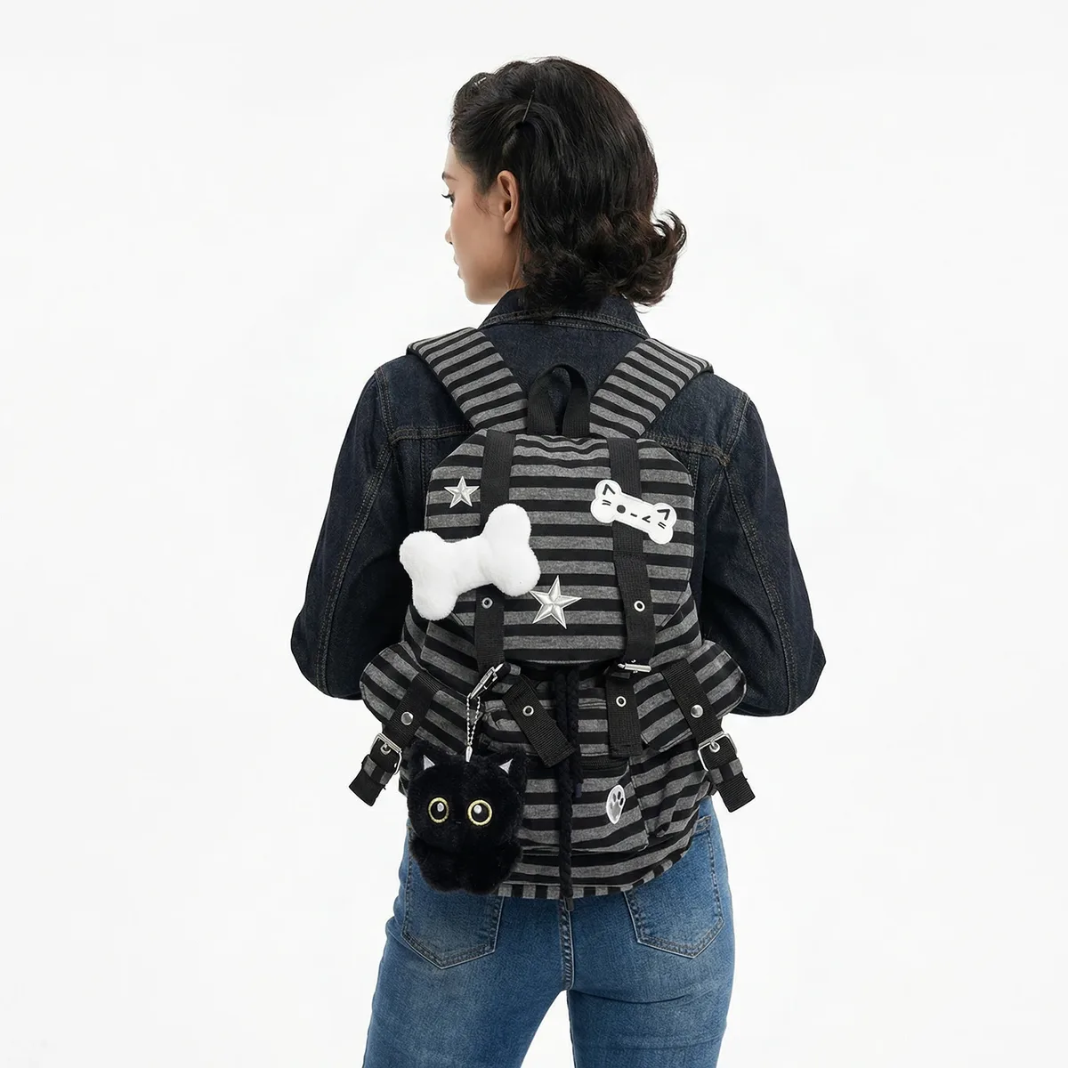 sac à dos rayé vintage grande capacité, sacs à dos décontractés à rayures, sacs à dos multi-poches, sac à dos mignon avec motif de chat, sacs à dos de voyage et de vacances