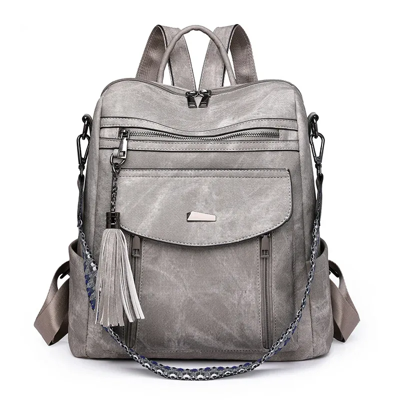 sac à dos en cuir pu pour femmes, étanche, antivol, grande capacité, détail pompon, rétro, voyage, affaires, collège, sac à bandoulière, 2025