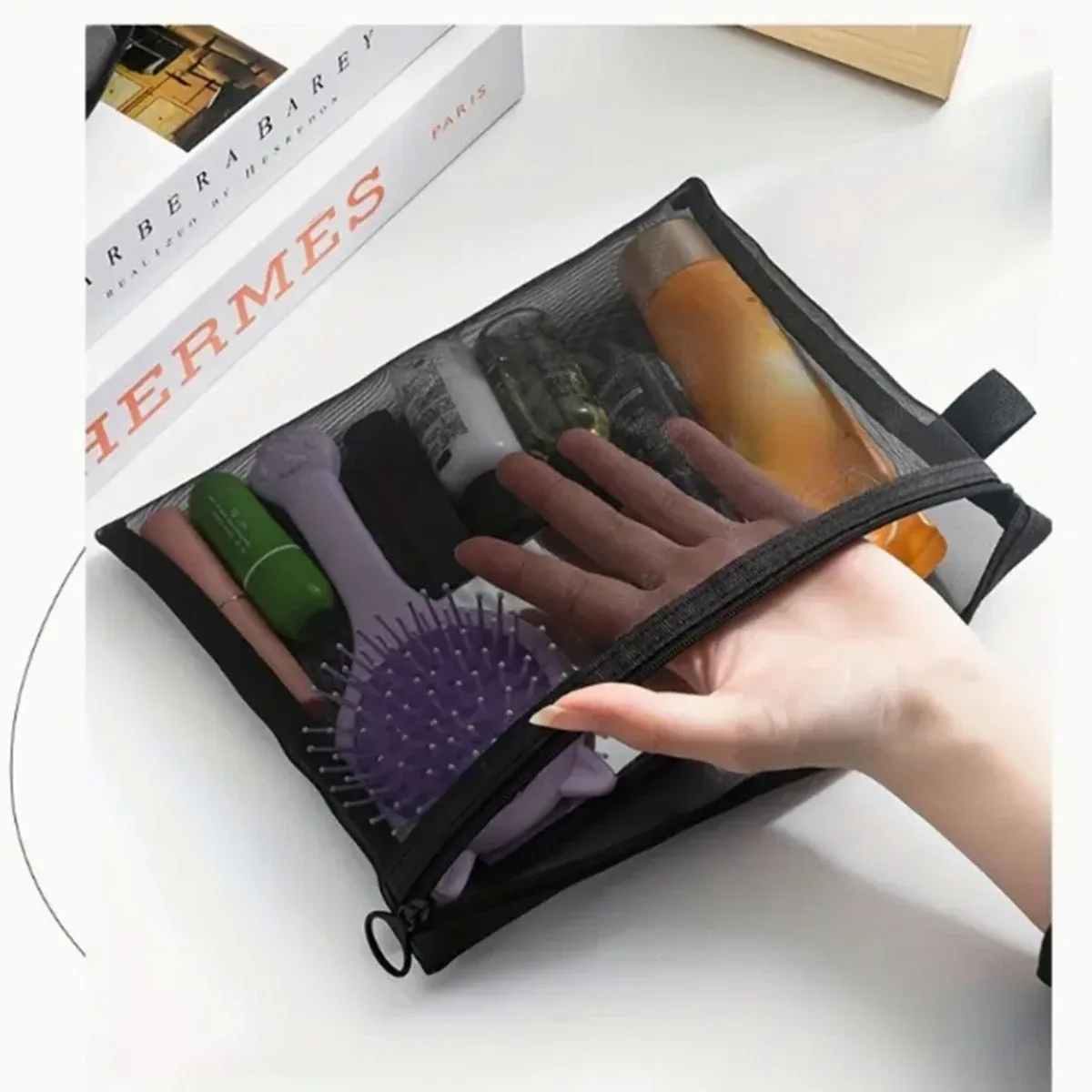 Sac de rangement de cosmétiques de voyage simple en maille, sac de rangement de toilette de grande capacité, trousse de maquillage portable pour les voyages d'affaires, 1 pièce