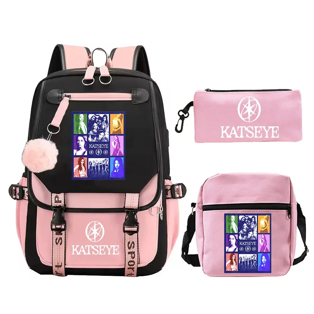 nouveau sac à dos imprimé katseye, 3 pièces/ensemble, sacs d'école pour filles, sac à dos de voyage pour adolescentes, sac à dos de haute qualité, sac à bandoulière, trousse à crayons