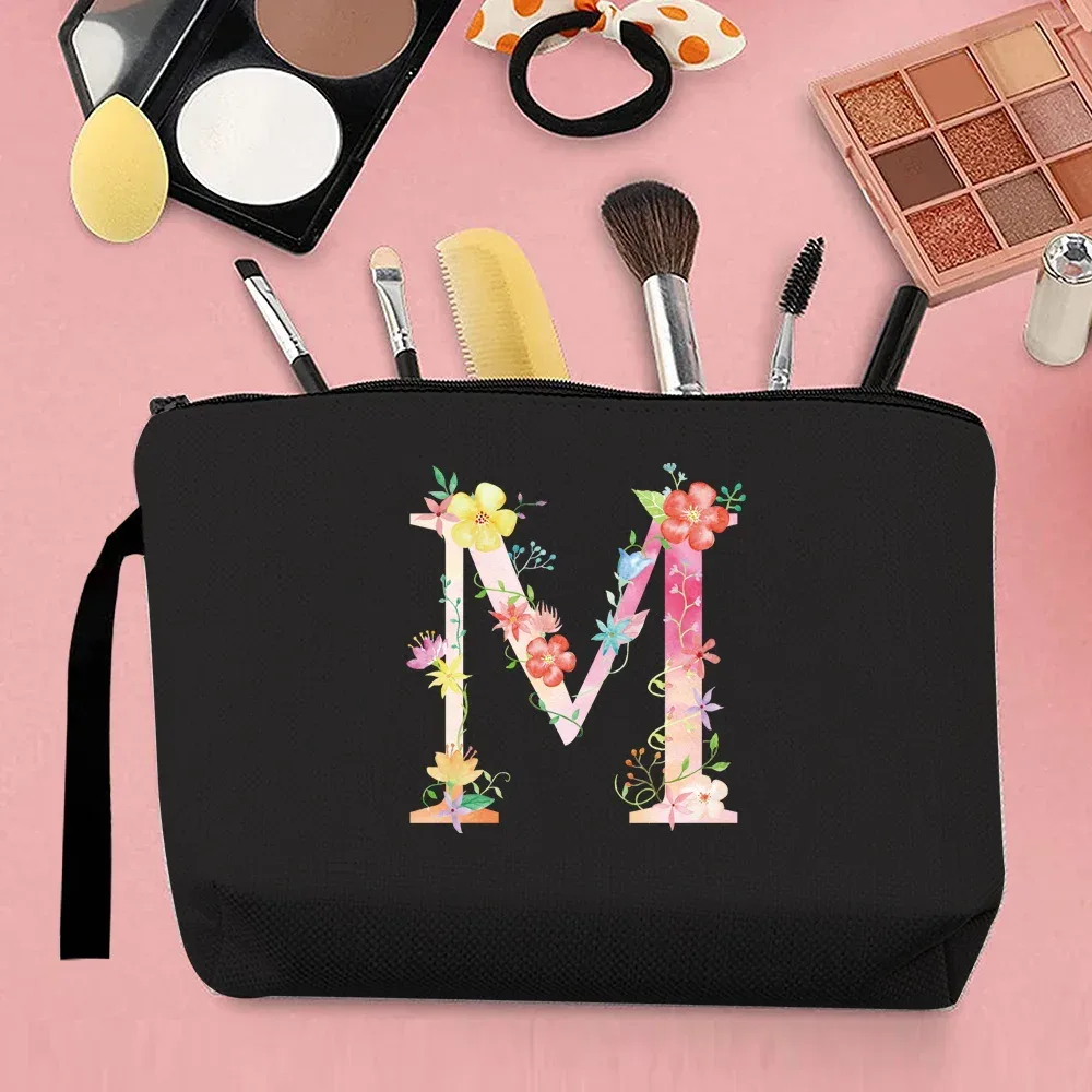 trousse de maquillage pour femmes, trousse de maquillage portable, trousse de maquillage de voyage pratique, sac à main en toile, motif de lettres roses, organisateur de bijoux