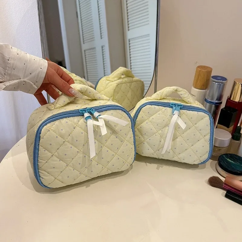 pochette de maquillage pour femme à pois, en coton matelassé, motif imprimé, sac de rangement pour maquillage, trousse de toilette de voyage