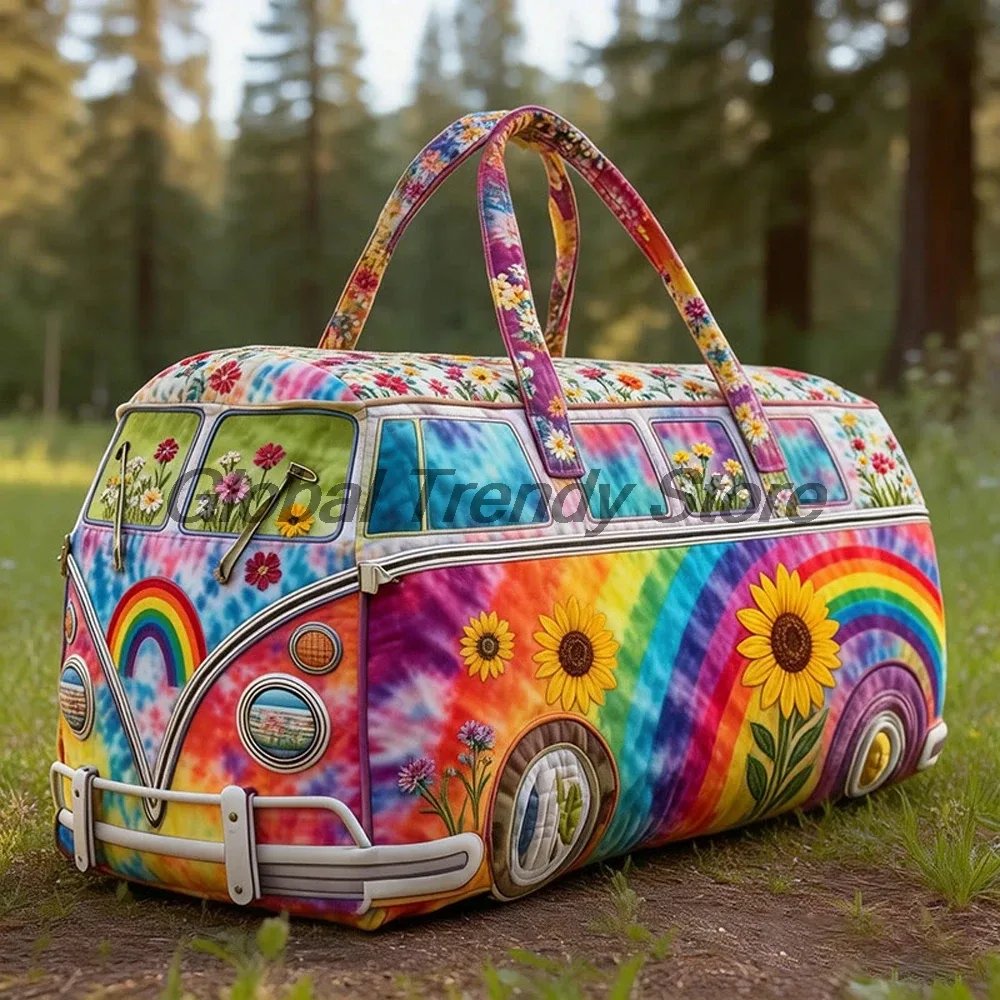 sac de voyage matelassé pour homme, motif floral et bus de la paix, sac fourre-tout décontracté pour femme, sac de week-end