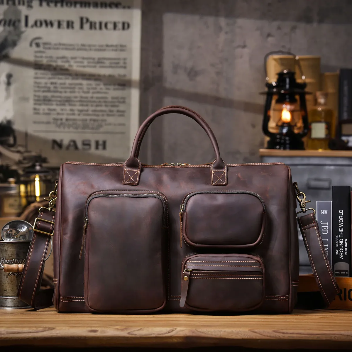 sac de voyage décontracté vintage en cuir de vache crazy horse pour hommes, sac de voyage de grande capacité de luxe de haute qualité en cuir véritable multi-poches