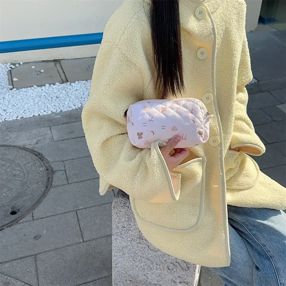 petit sac à cosmétiques pour femme, trousse de maquillage, sacs de rangement portables, pochette en coton pour femme, joli ours de dessin animé, fleur rose