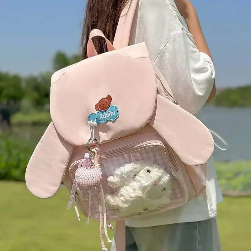 y2k bow oreille de lapin japonais ita sac à dos lolita fille sac transparent mignon haute capacité sac à dos style preppy sac à dos à volants