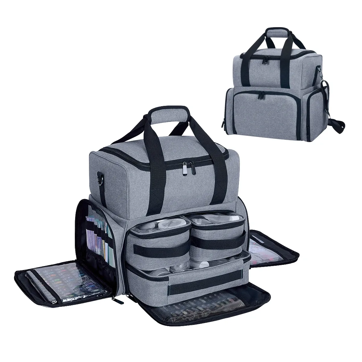 uozl trousse de maquillage double couche de grande capacité avec 3 pochettes amovibles et 2 compartiments amovibles avec bandoulière réglable