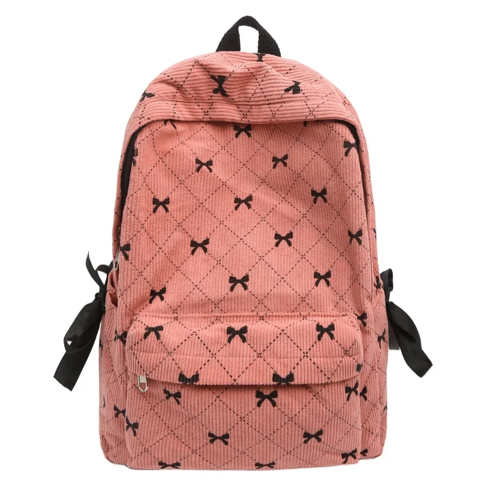 sac à dos en velours côtelé style coréen tendance, grande capacité, bretelles réglables, imprimé nœud, pour étudiants et lycéens