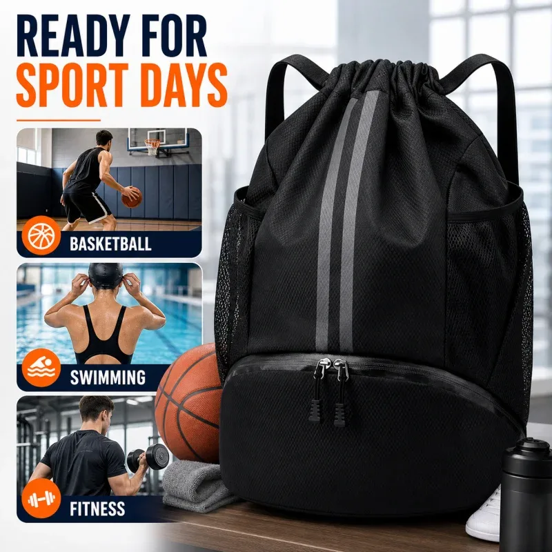 sac à dos de basketball avec cordon de serrage et compartiment à chaussures, sac de sport à séparation humide/sec pour la natation, l'entraînement et le fitness