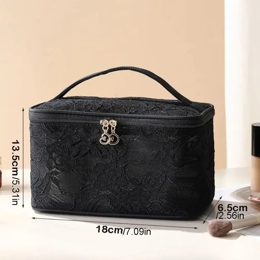 pochette de rangement en dentelle de couleur unie, sac de maquillage de grande capacité avec poignée, sac de rangement pour cosmétiques, trousse de toilette florale respirante pour femmes