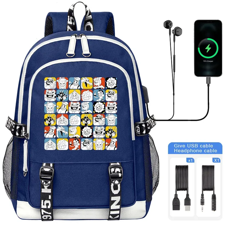 cuphead mugman sacs d'école pour adolescent usb charge sac à dos pour ordinateur portable garçons filles étudiant livre sac mochila sac de voyage