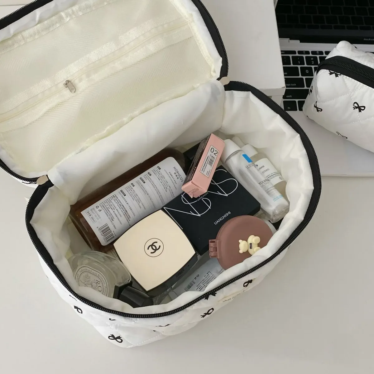 mode cerise fourre-tout femmes sac de maquillage portable mignon dames cosmétique toilette pochette de rangement sac à main coton matelassé sac à fermeture éclair