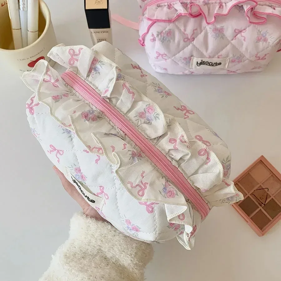 trousse de maquillage en coton matelassé avec nœud mignon pour femmes et filles, organisateur de cosmétiques portable à fermeture éclair, sac à main en tissu, trousse de toilette