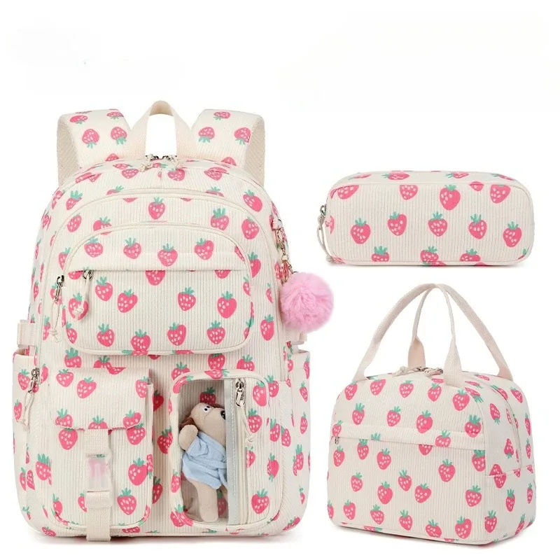 sac à dos scolaire en velours côtelé 3 pièces/ensemble avec sac à déjeuner et trousse à crayons, sac à dos mignon pour filles, sac à dos à motif fraise pour adolescentes et femmes