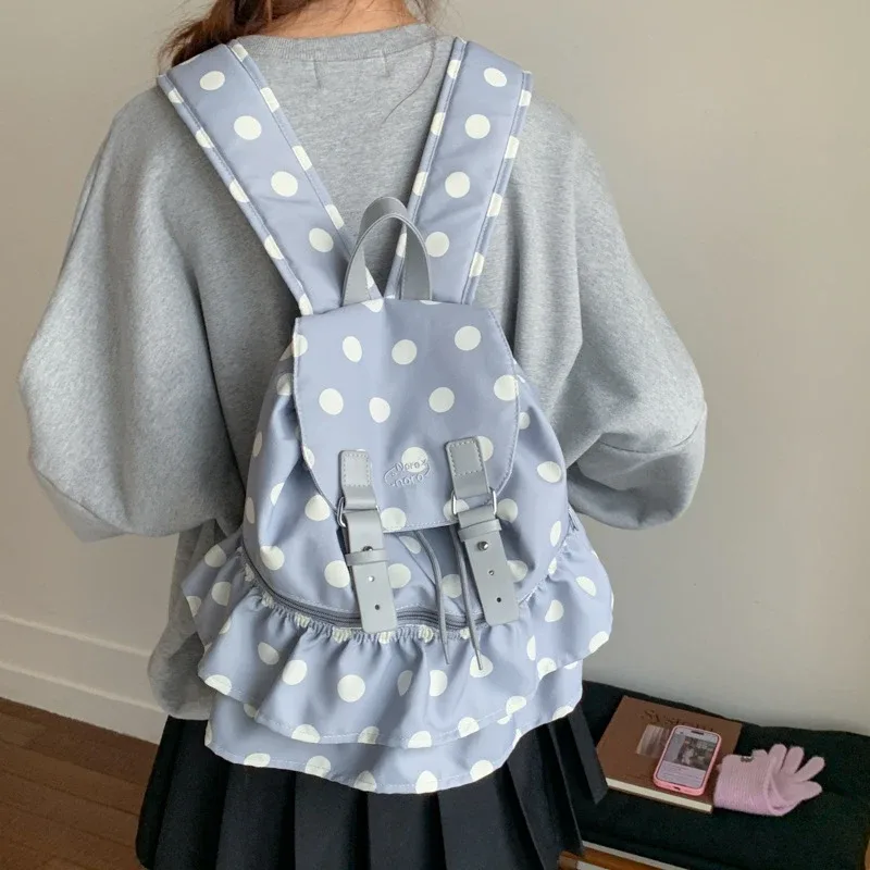 sac à dos coréen à pois grande capacité, sac d'école mignon pour fille, sac de voyage décontracté avec rabat à volants, sacoche pour ordinateur portable