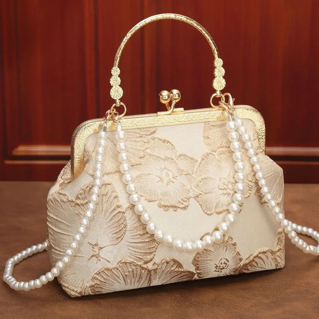 sac bandoulière en polyester, sac de soirée mi-souple, sac fourre-tout perlé, sac à main léger brodé de fleurs pour le voyage et les tenues cheongsam