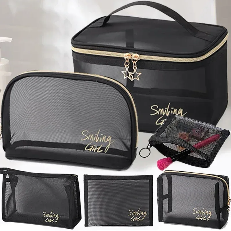 Sac à cosmétiques de voyage pour femmes, grande capacité, étui de maquillage en maille noire, pochette de rangement, trousse de toilette décontractée à fermeture éclair, sacs de lavage de maquillage