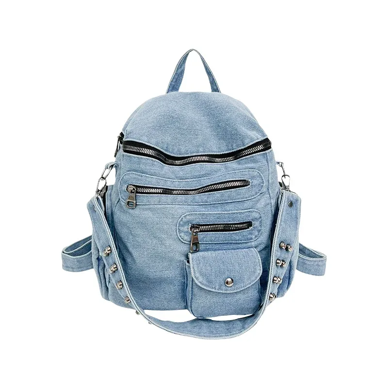 sac à dos décontracté en jean délavé à double bandoulière avec rivets, respirant, capacité 20-35l, idéal pour les cours, les trajets quotidiens et la rentrée scolaire