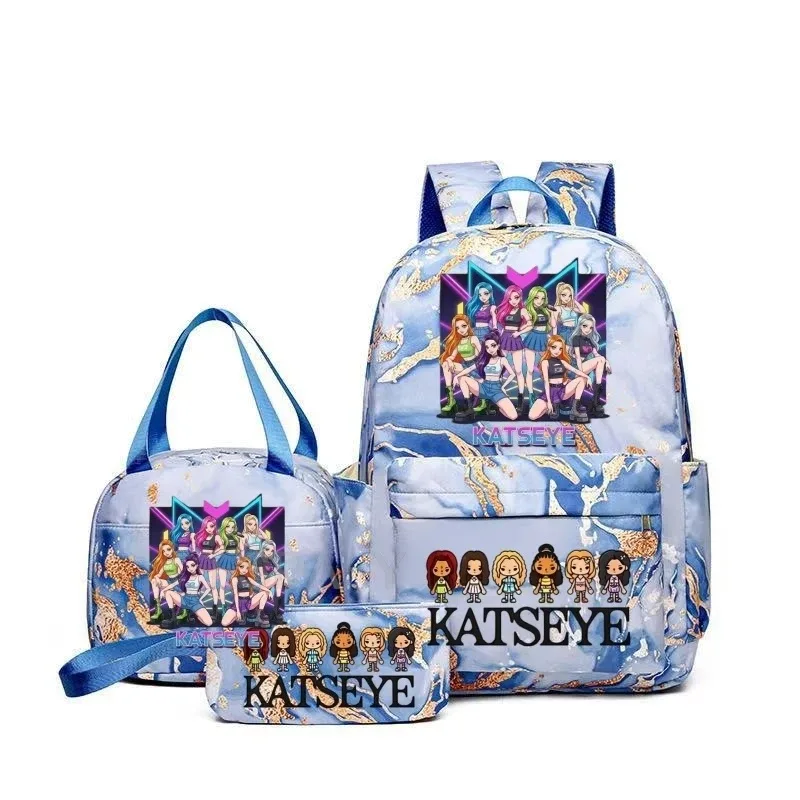 sacs à dos katseye à imprimé amusant avec sacs à lunch, multi-poches, camouflage, pour adolescents, sac à dos de voyage pour ordinateur portable, sac d'école pour femmes, mochila