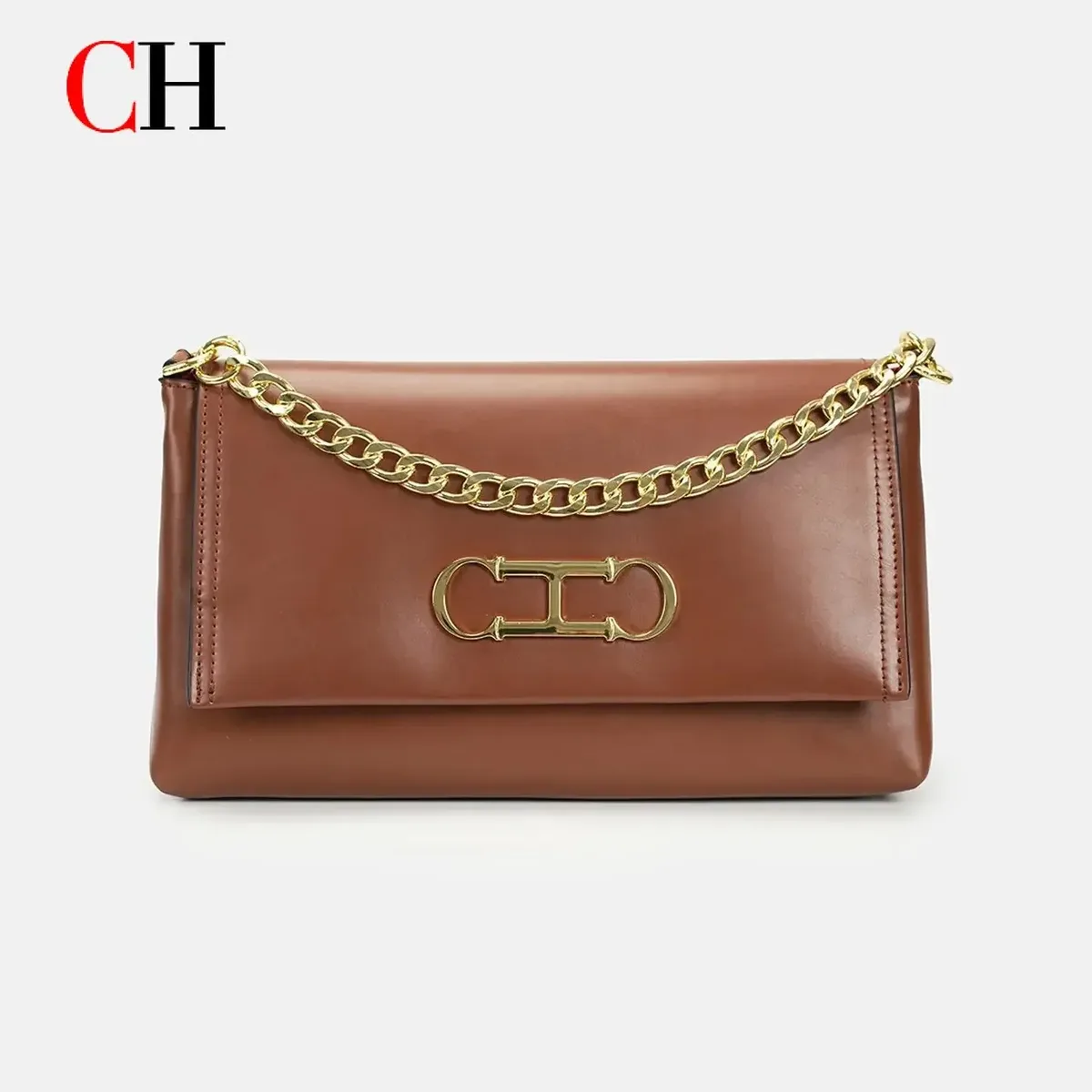 Sac à bandoulière en cuir CH avec chaîne, logo et accessoires métalliques, pochette bandoulière pour événements quotidiens et soirées, sac à main tendance