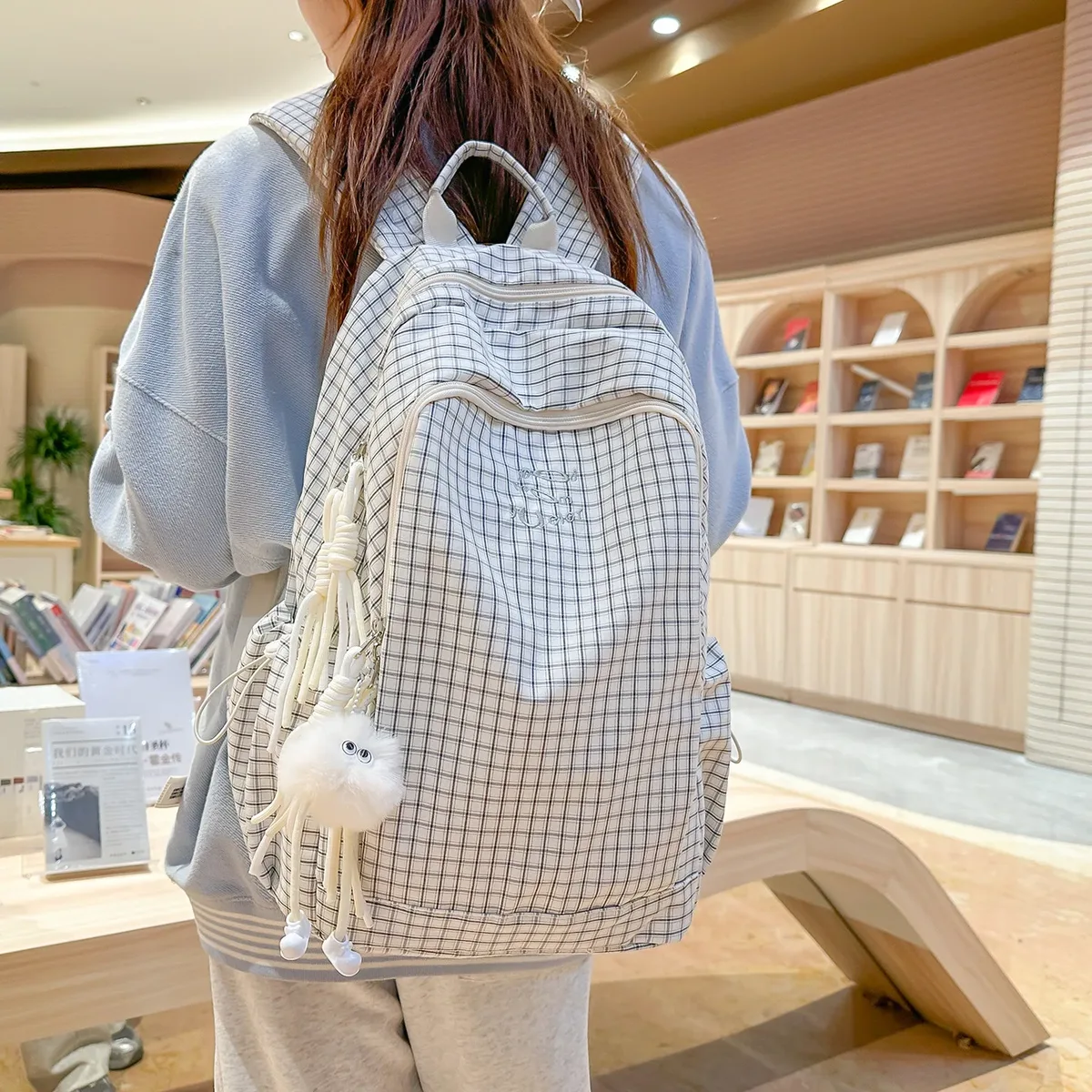 sac à dos coréen à carreaux avec cordon de serrage, grande capacité, pour étudiants et navetteurs, en nylon léger, sac à livres décontracté en forme de seau avec fermeture éclair, couleur foncée