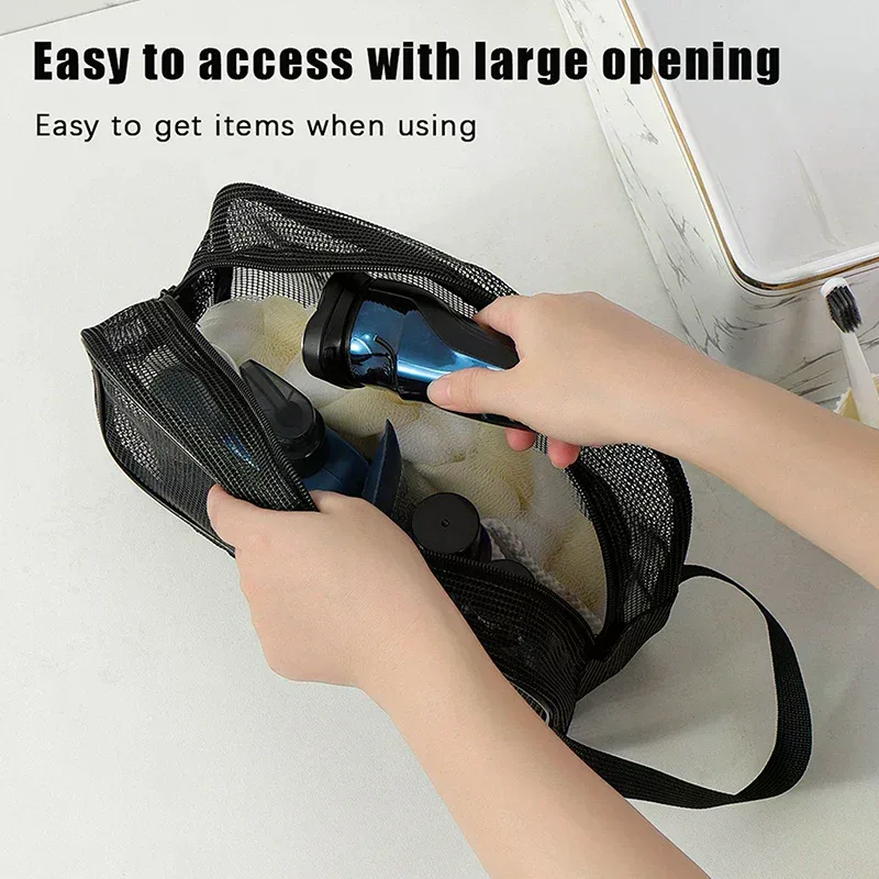 sac de rangement portable pour douche corporelle, lavage de voyage ; pochette cosmétique de maquillage en maille de grande capacité ; sacs à main de toilette polyvalents.