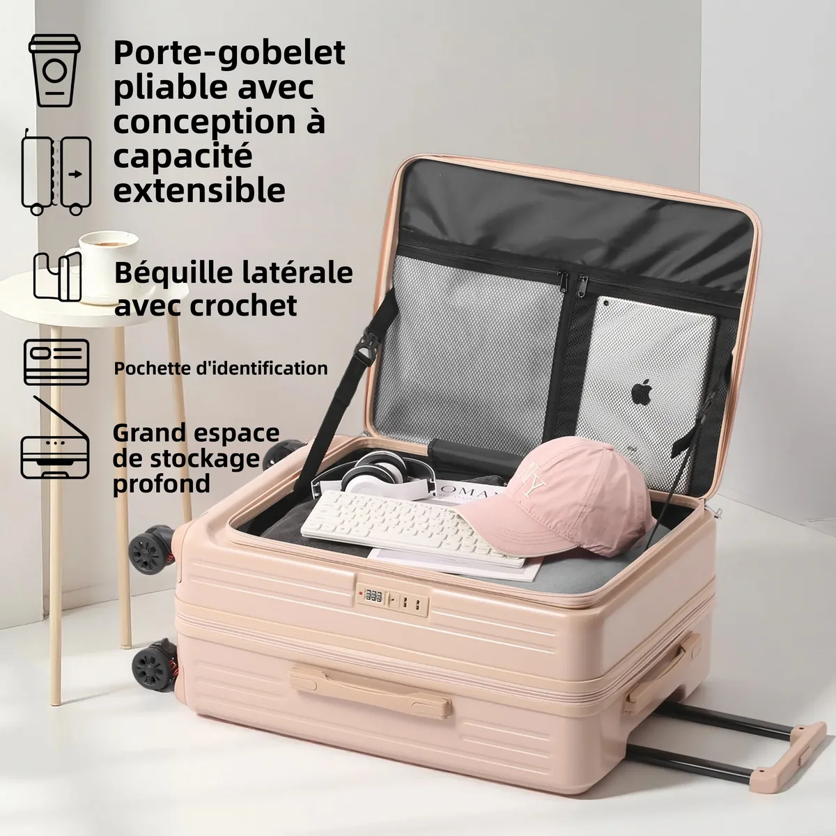 valise multifonctionnelle extensible à ouverture frontale avec porte-gobelet, crochet, frein, roues silencieuses et serrure à combinaison