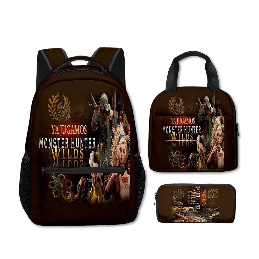sacs d'école classiques populaires et amusants avec impression 3d de monstres sauvages, 3 pièces/ensemble, sac à dos de voyage, sac à déjeuner portable, trousse à crayons
