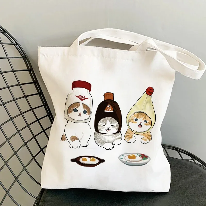 sac kawaii sac blanc sacs porté épaule sacs à provisions sacs à bandoulière en toile pour filles, sac de shopping à la mode, kawaii chats animaux mignons, sac de shopping, fourre-tout décontracté