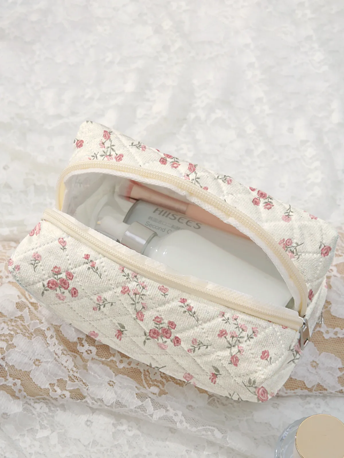 grande trousse de toilette matelassée, mini trousse à maquillage à fermeture éclair avec imprimé floral rose délicat, pochette de rangement pour femme pour le quotidien et les voyages