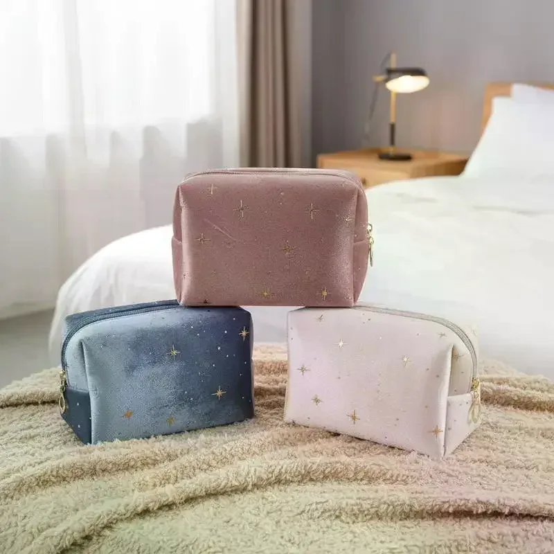 pochette à cosmétiques spacieuse en velours, sac de toilette de voyage avec motif étoile, trousse de maquillage portable pour rouge à lèvres