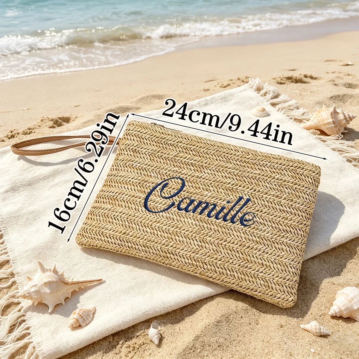 pochette brodée bohème en paille, portable avec fermeture éclair et dragonne, sac de rangement polyvalent pour demoiselle d'honneur, maquillage et vacances à la plage