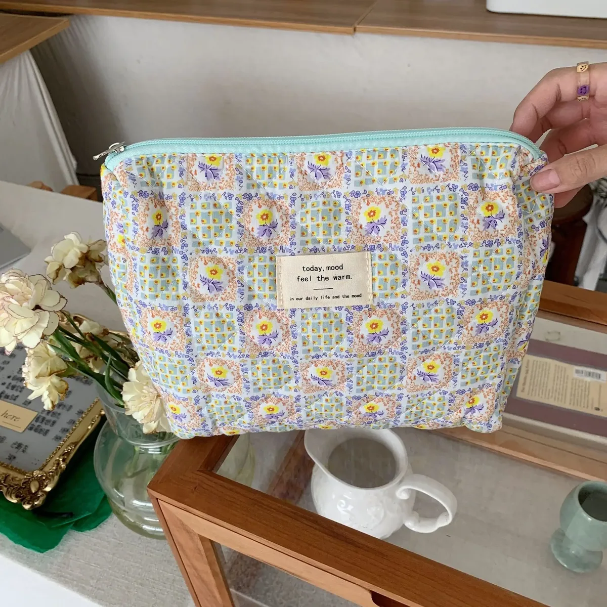 sac à cosmétiques de voyage à fleurs rétro pour femme, porte-monnaie, pochette, sacs à main pour étudiantes, grand sac de rangement, portefeuille