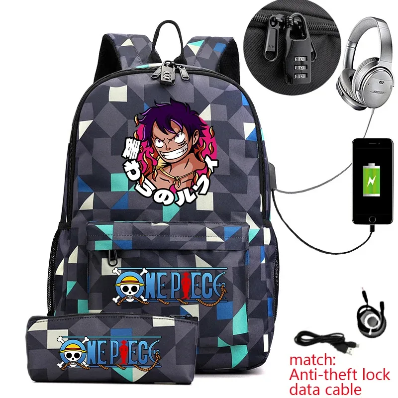 sac à dos d'étudiant imprimé one piece luffy, sac d'école décontracté antivol avec trousse à crayons pour garçons et filles