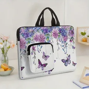 sac à main pour ordinateur portable à motif floral de papillons violets et d'hortensias, étui antichoc pour ordinateur portable avec poche avant pour les voyages et le bureau.