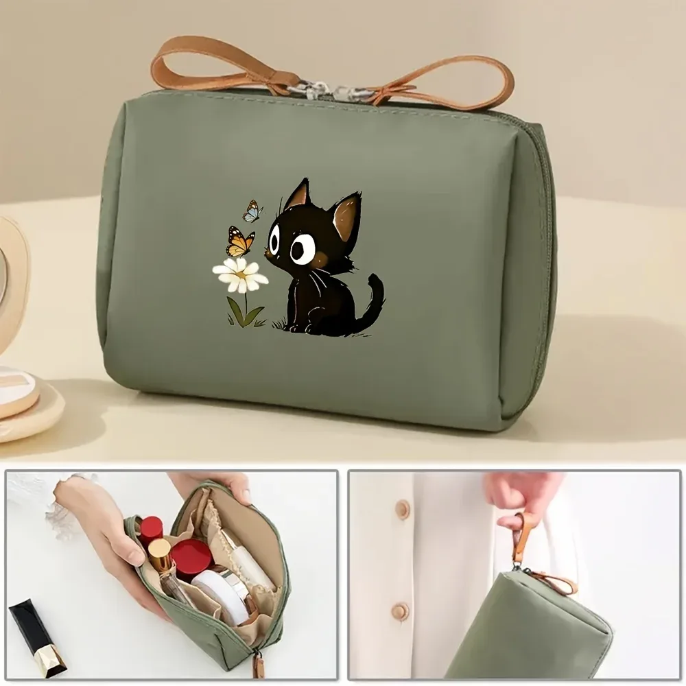 trousse de maquillage portable 2026 chat mignon couleur unie, pochette cosmétique de voyage, organisateur de rangement quotidien pour femme