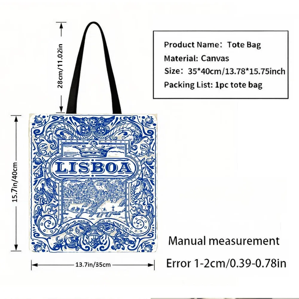 Sac fourre-tout en toile motif carreaux de Lisbonne bleu et blanc classique, sac à main écologique, cadeau original pour les fans de voyage au Portugal