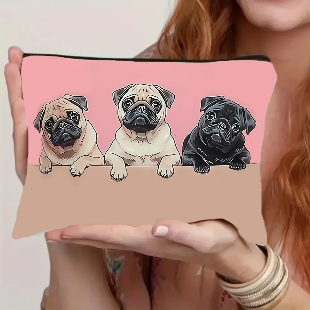 1 pièce, trousse de maquillage en polyester imprimé chien carlin mignon, style décontracté, fermeture à glissière durable qui ne se décolore pas, pochette de voyage pliable portable