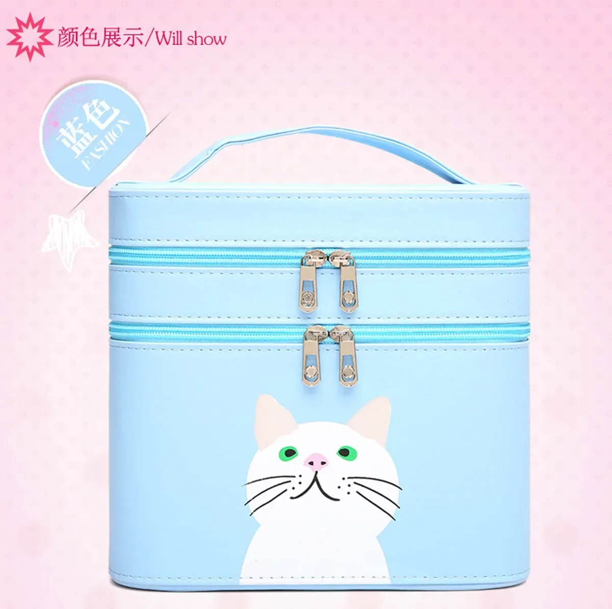trousse de maquillage en pu pour chaton, sac de voyage portable, double boîte de rangement mignonne, couleur bonbon, vente en gros, nouveau