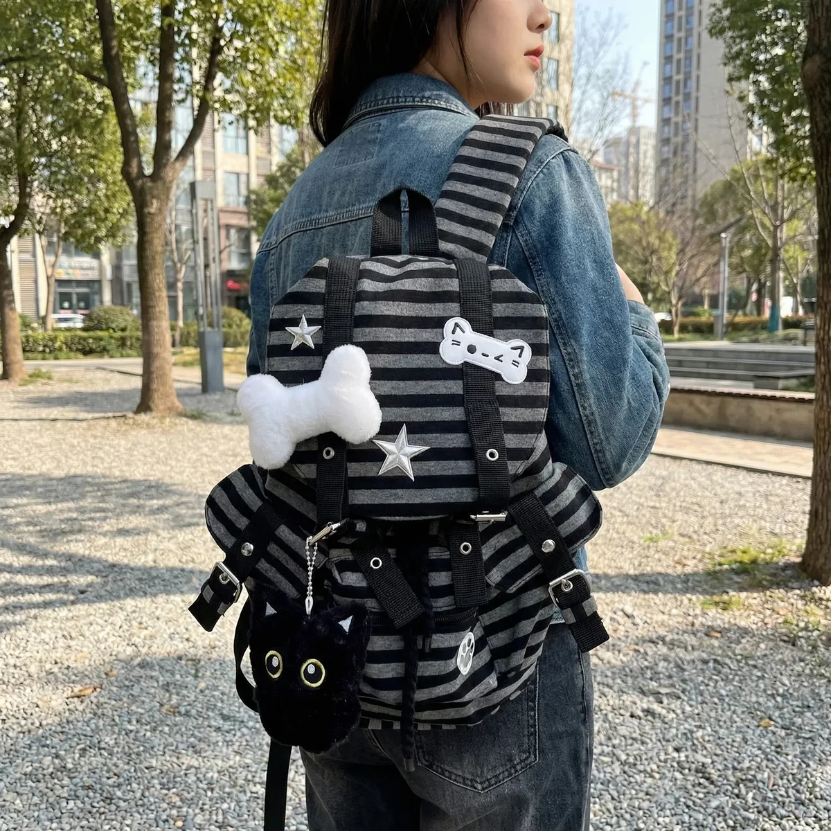 sac à dos rayé de style coréen, mignon, y2k, décontracté, avec cordon de serrage, sacs d'étudiant grande capacité, sac pour femme k-pop, pour voyage et vacances