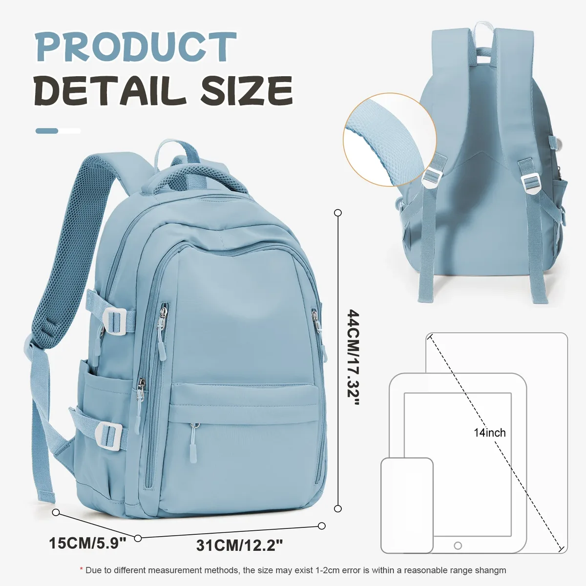 sac à dos de voyage décontracté antivol pour femme, design multi-poches en bleu clair durable pour l'école, le lycée et l'université