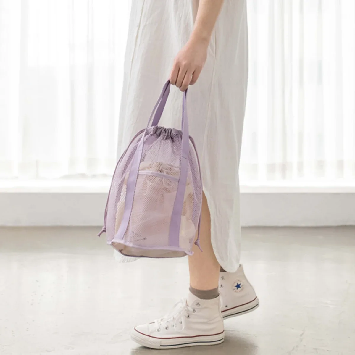 sac de plage en filet avec cordon de serrage, sac fourre-tout de plage pliable, sac à jouets de plage avec 2 poches avant, sacs en filet pour piscine avec cordon de serrage